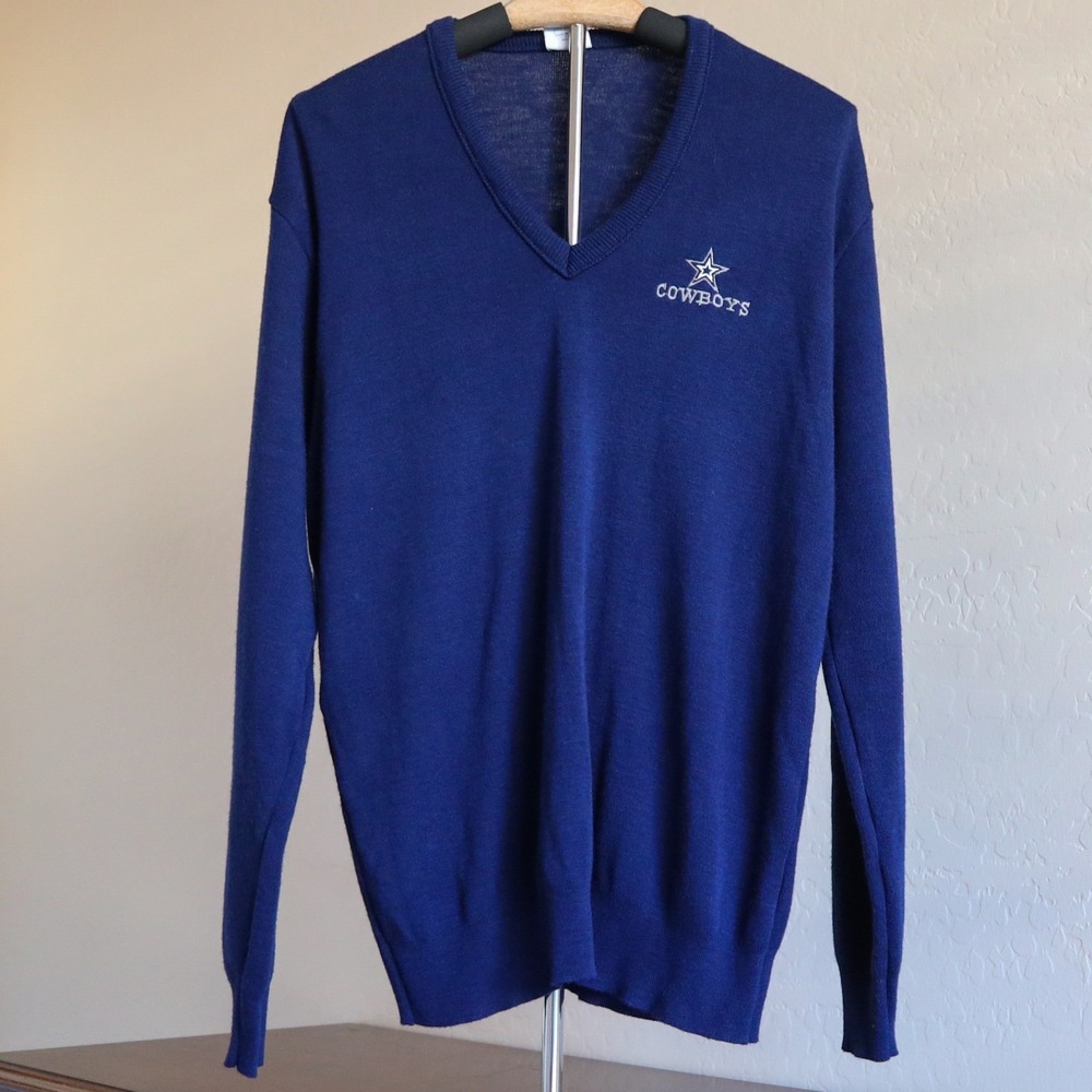 Vintage Dallas Cowboys V-Neck Sweater Men's L Made in USA 80s 90s NFL Garan Blue